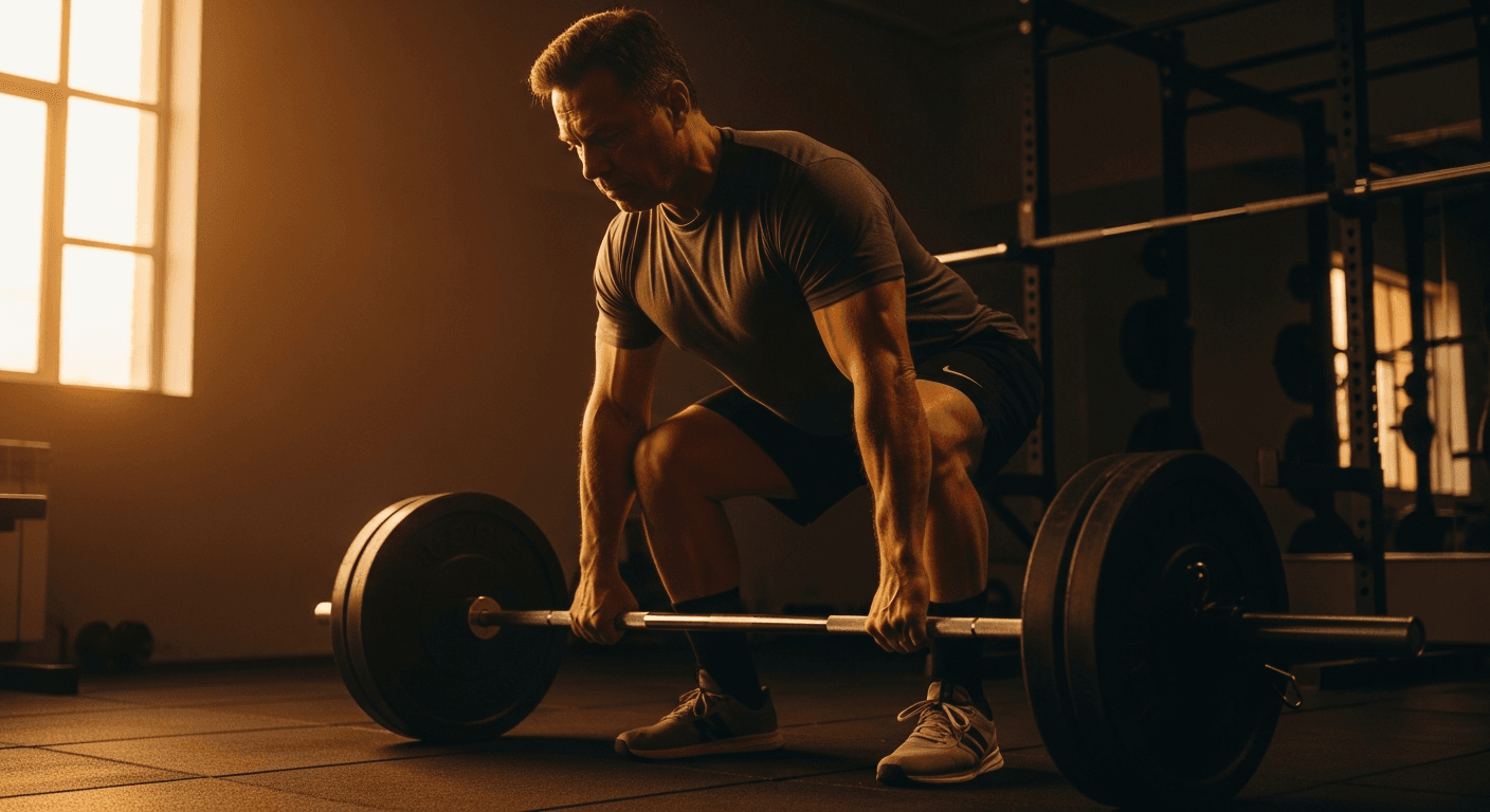 Middle-aged man performing a deadlift with locked-out barbell in a gym lit by warm golden light.