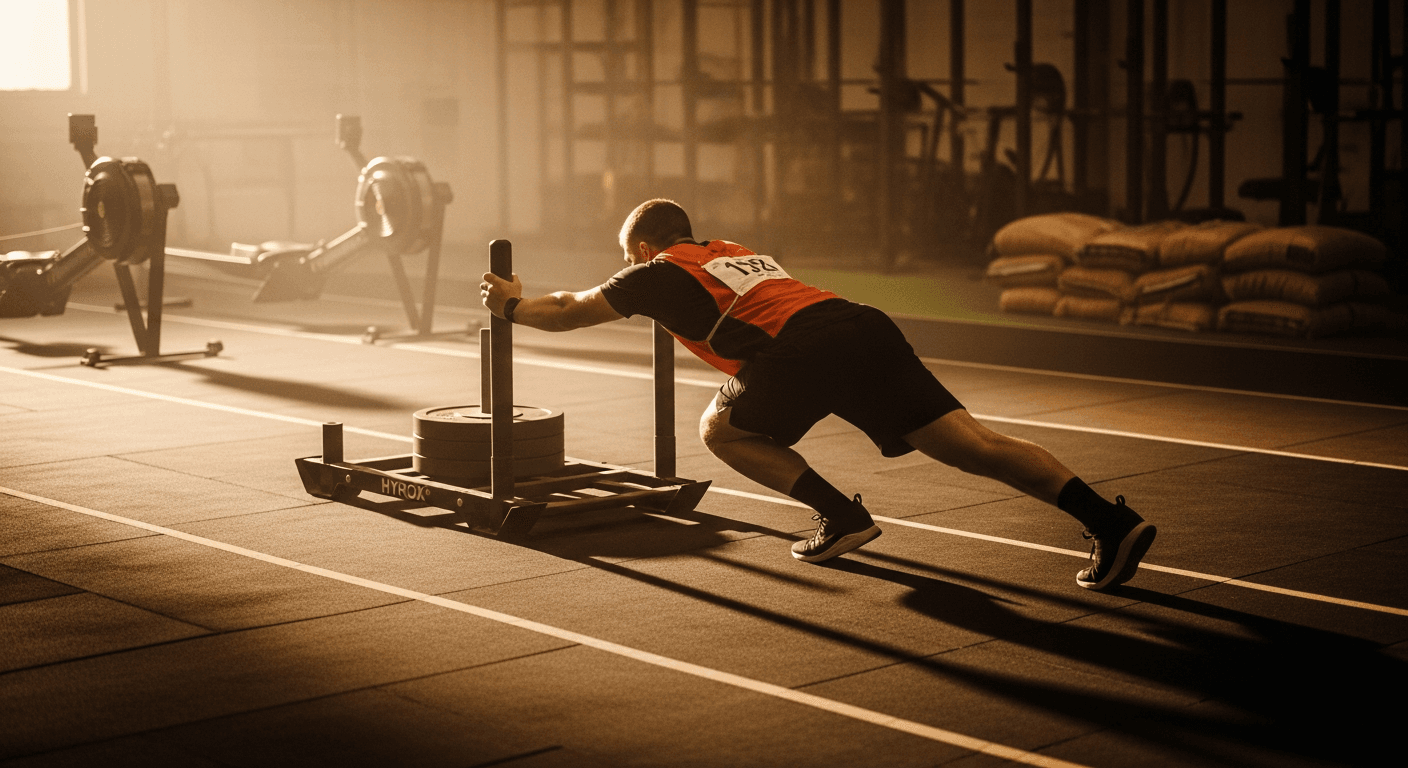Male athlete in orange race bib pushing weighted sled across gym floor with training stations visible in background.