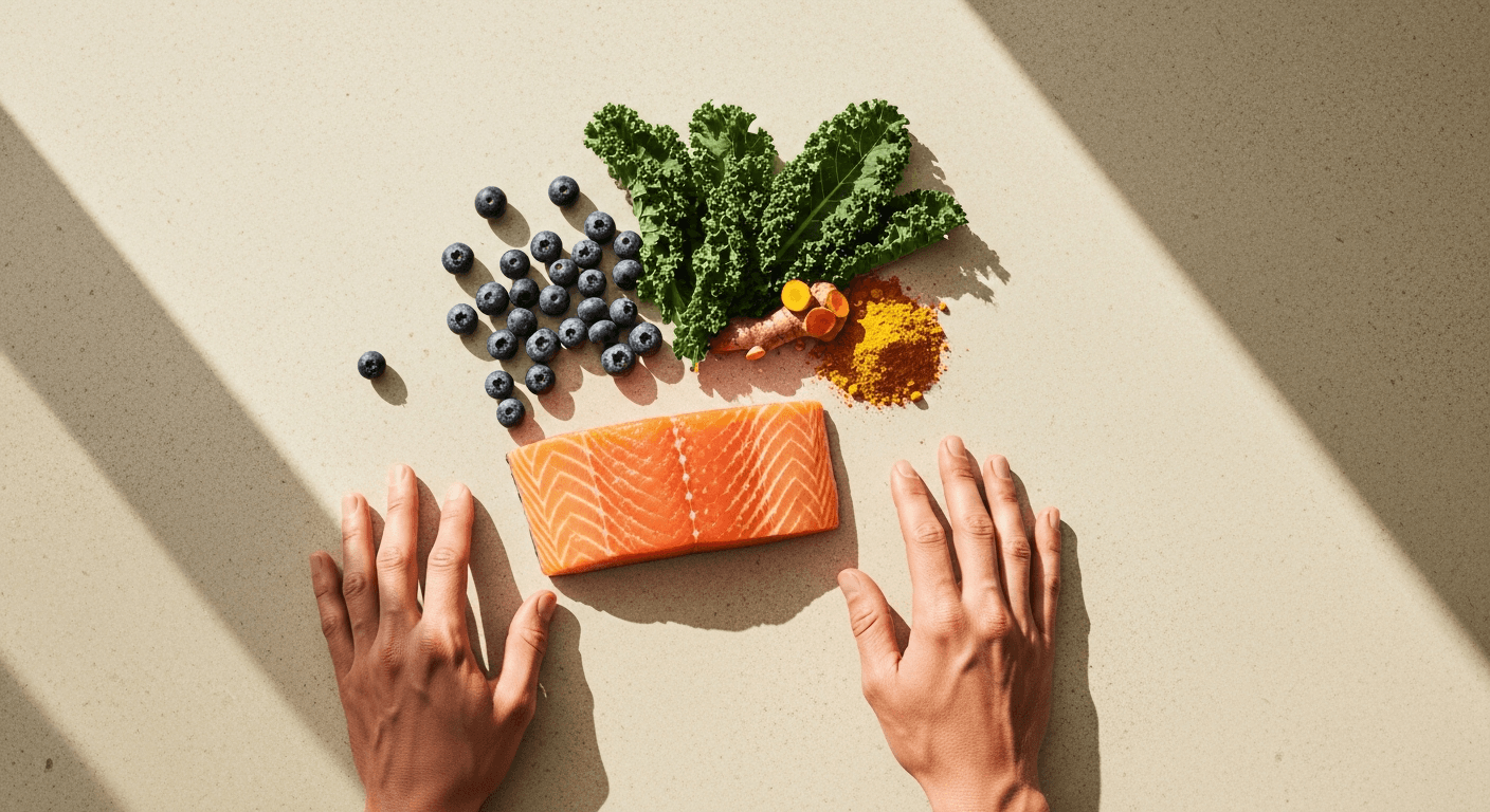 Athletic hands reaching for anti-inflammatory ingredients including salmon, turmeric, blueberries, and kale in golden light.