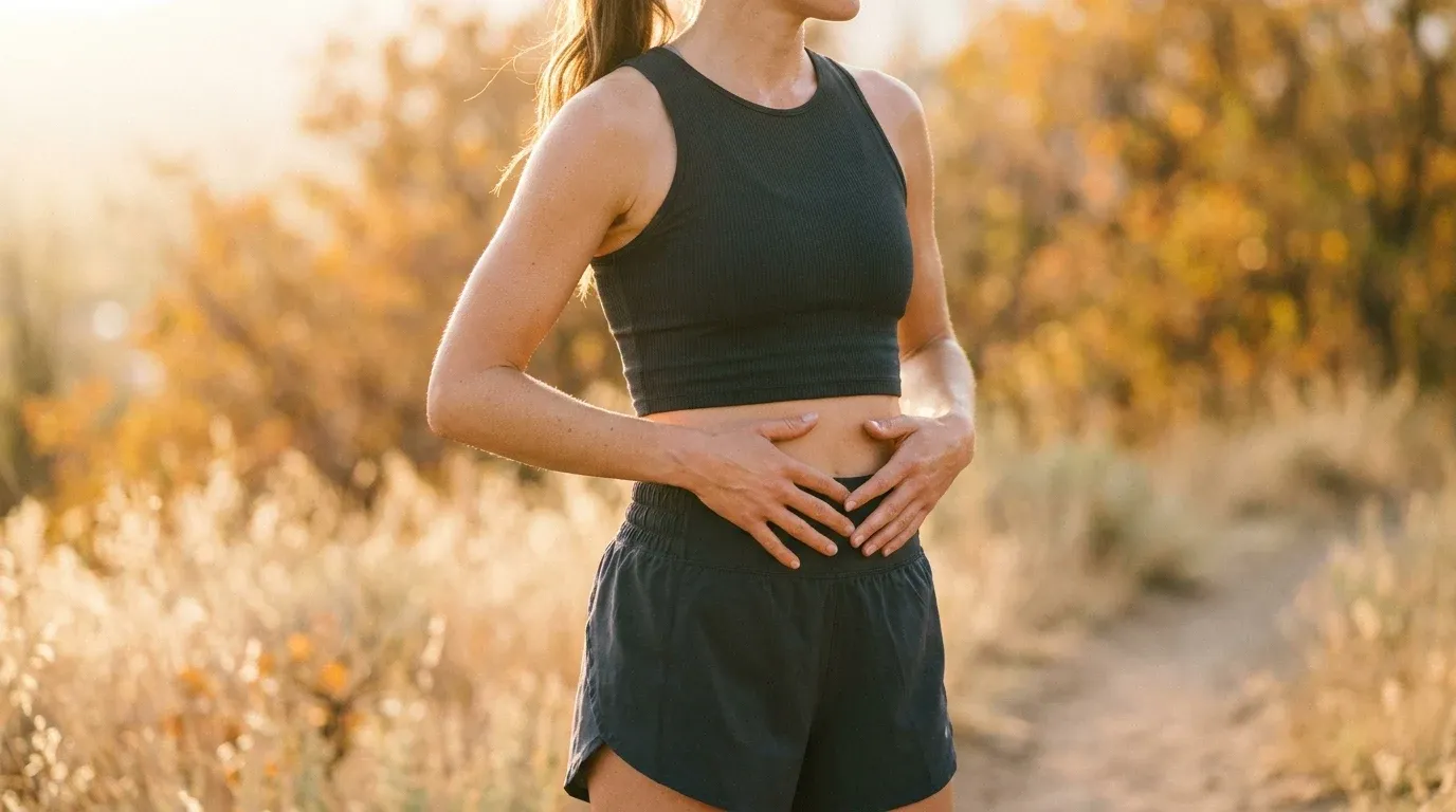 Female endurance runner with hands on abdomen post-run, bathed in warm golden-hour light.