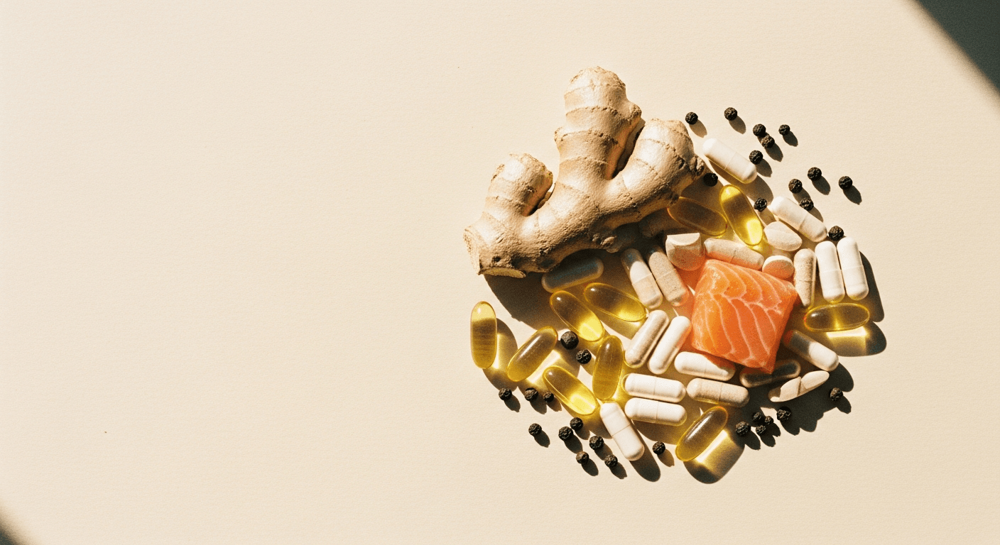 Flat-lay of colorful supplement capsules, fresh ginger root, salmon fillet, and peppercorns on a warm cream surface.