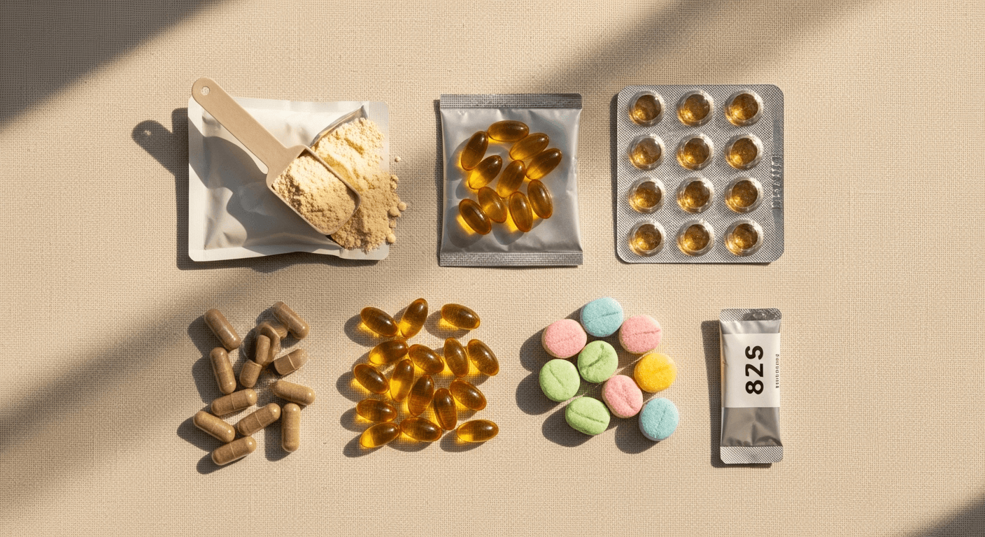 Overhead flatlay of diverse supplement formats including capsules, powder, softgels, and gummies on warm cream background.
