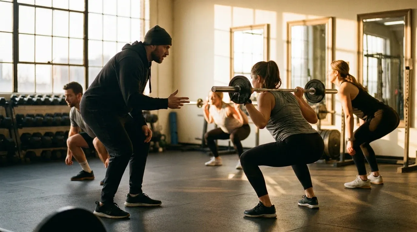 A coach instructs three clients at a barbell rack in a gym lit by warm golden-hour light.