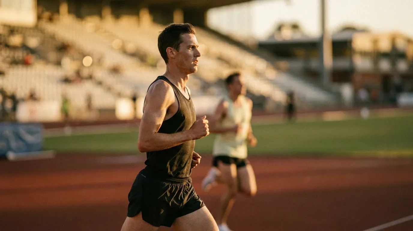Lean runner mid-stride leading a track race with intense focus, competitor trailing behind in golden stadium light.