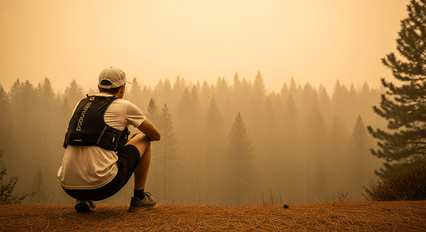 A lone runner pauses on a forest trail, gazing toward a hazy sky obscured by wildfire smoke.