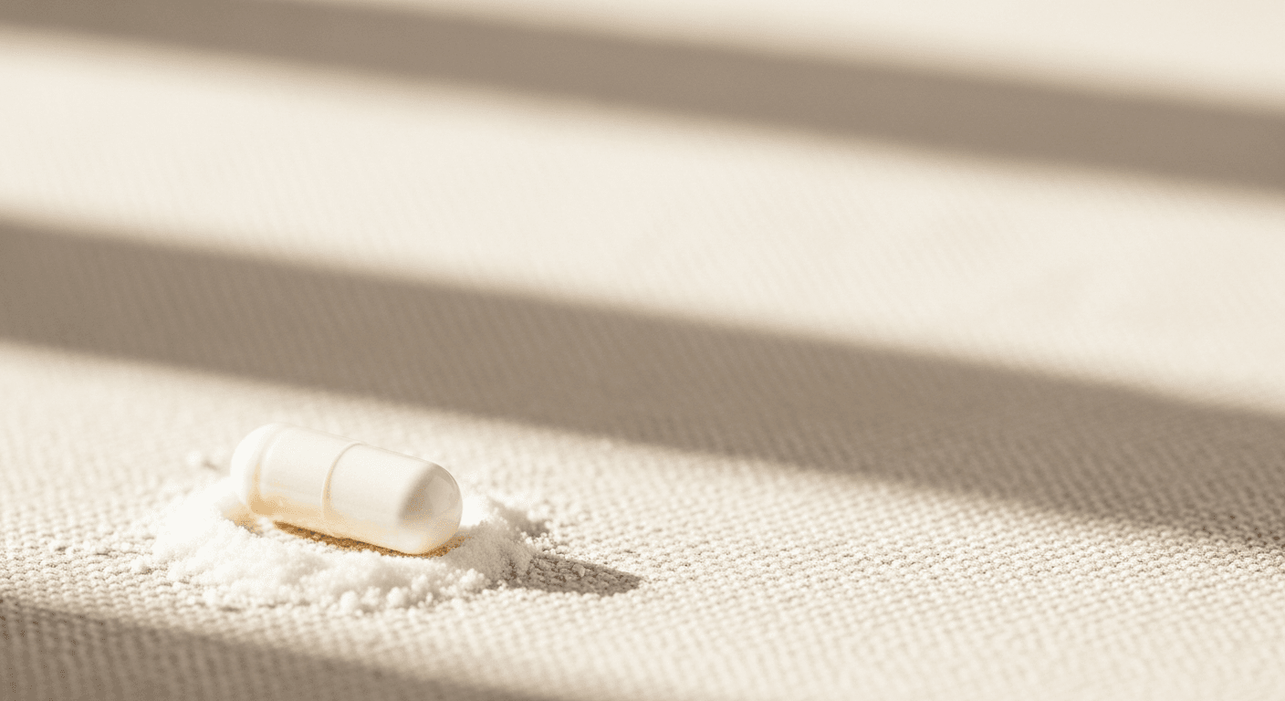 A white supplement capsule and crystalline powder on warm cream linen in soft golden light.