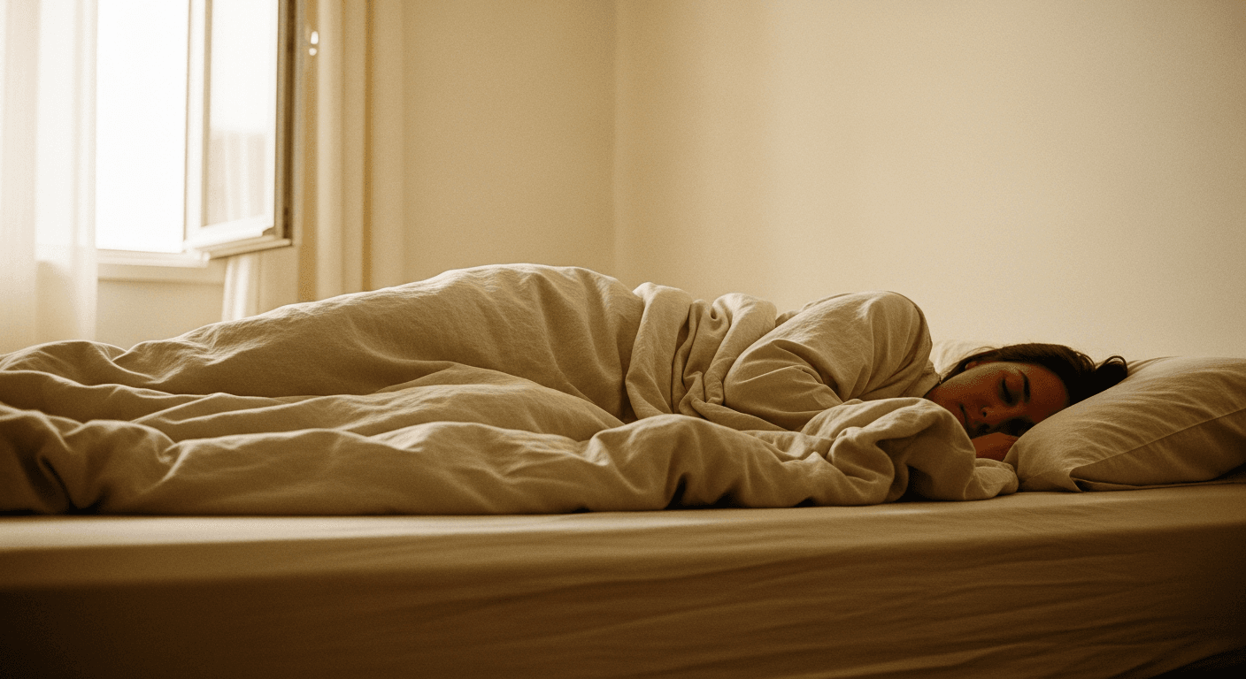 A person sleeps peacefully in cream linens bathed in soft golden morning light.