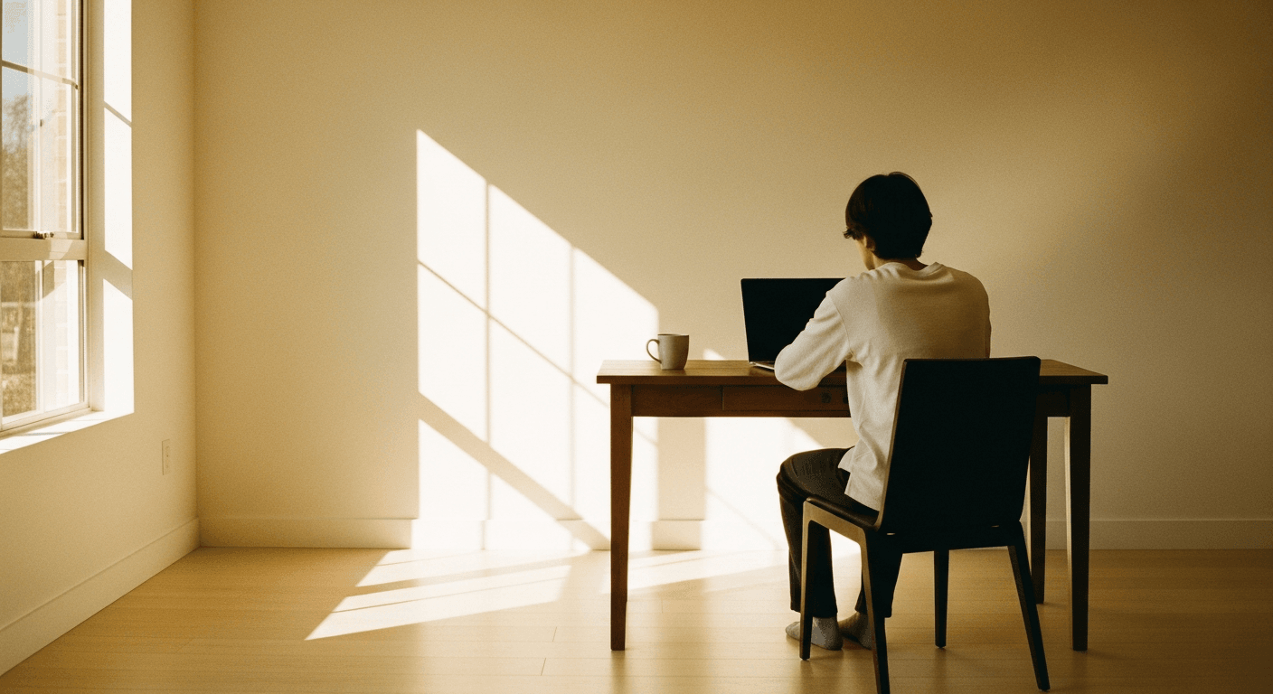A solitary figure sits at a sparse desk facing a dark laptop, shoulders slumped, conveying isolation and emotional toll of remote work.