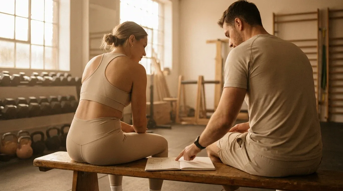 A personal trainer and client review a notebook together on a gym bench in warm natural light.