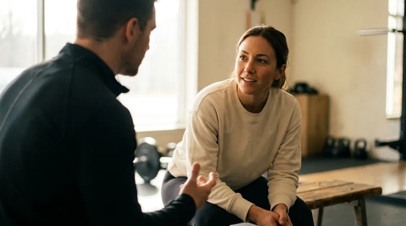 A coach gestures while explaining to her attentive client during their first training session.
