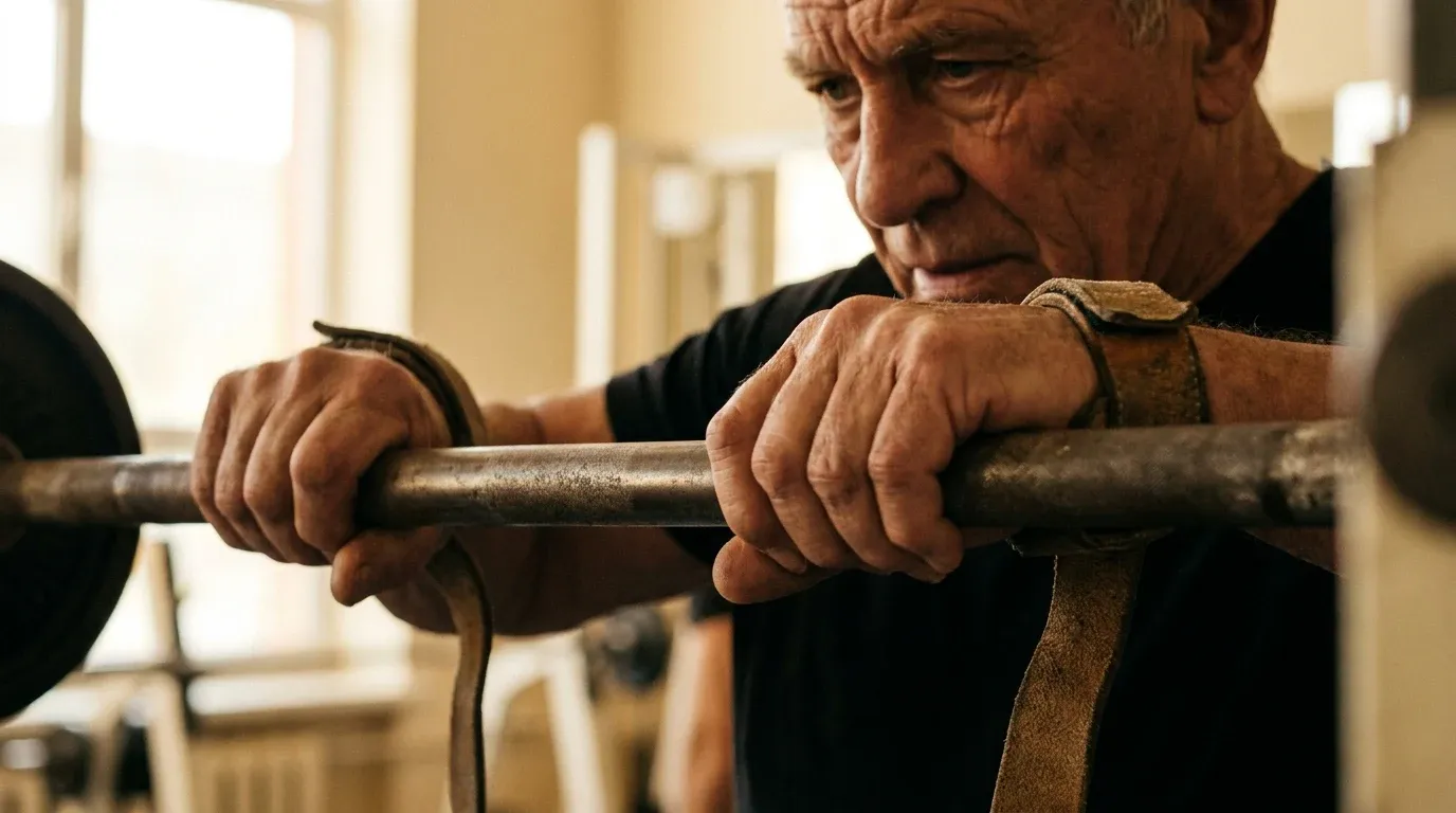 Aged hands gripping a loaded barbell in a gym, face set with determination partially visible above.