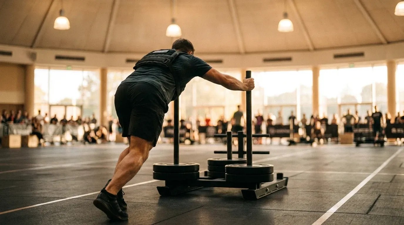 Athlete pushing a competition sled across gym flooring from behind in warm golden arena lighting.
