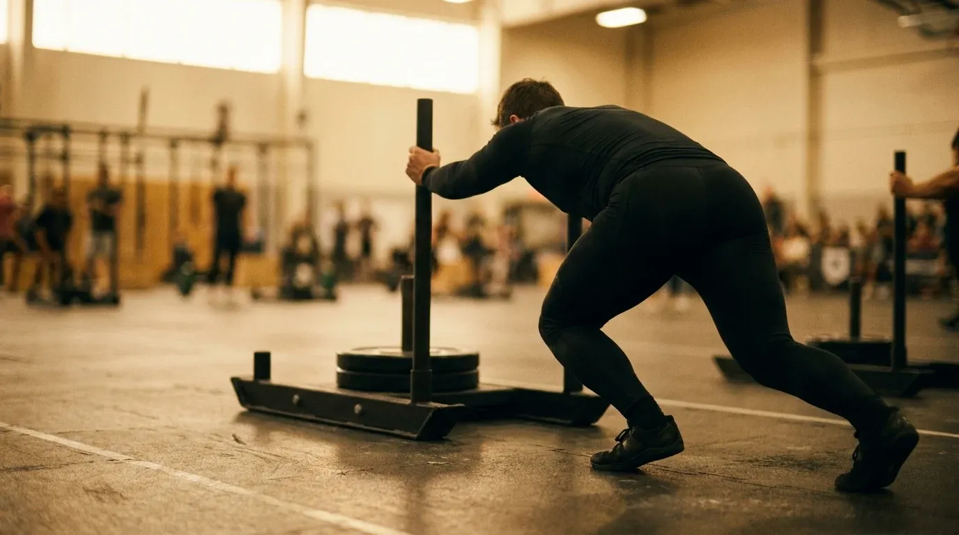 First-time competitor driving a matte black competition sled across rubber flooring in full-effort position.