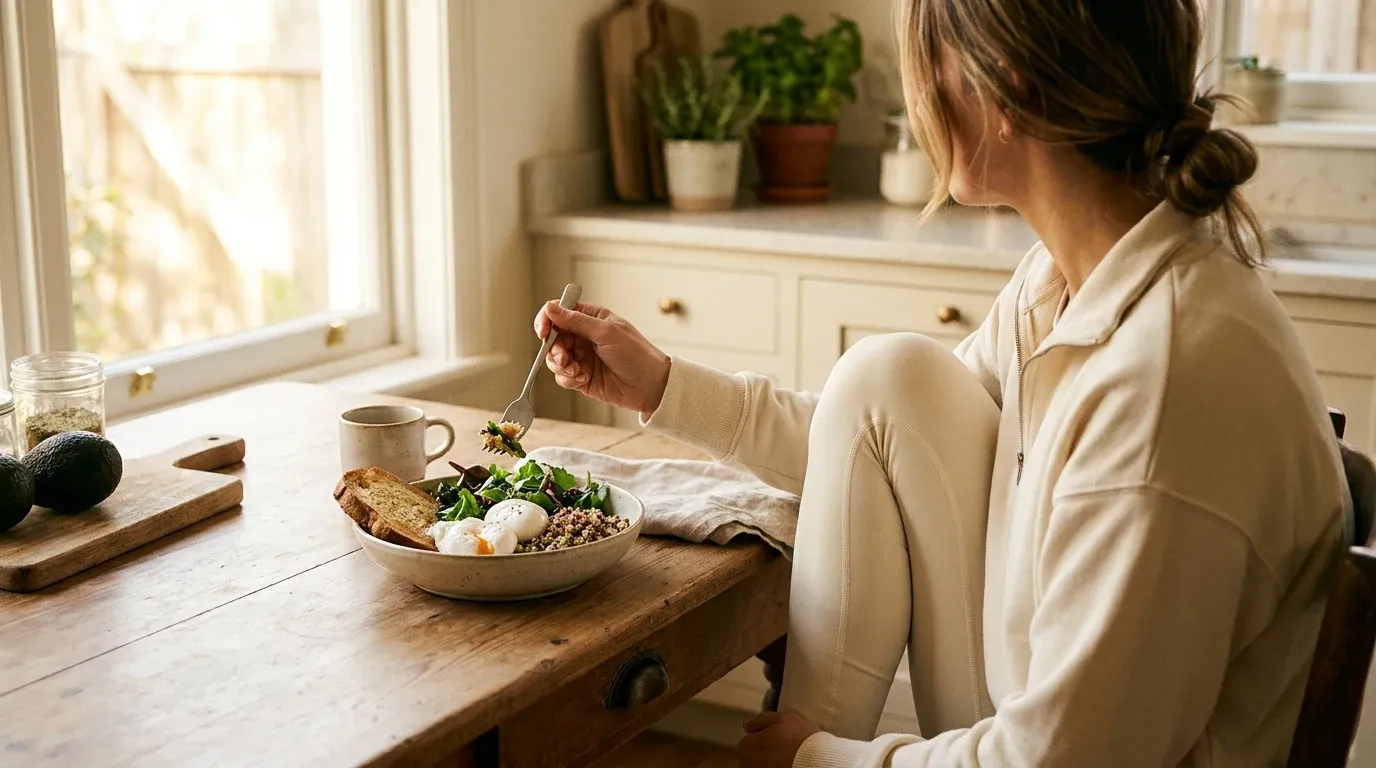 Woman in athletic wear eating a nutritious bowl at a bright kitchen table in early morning light.