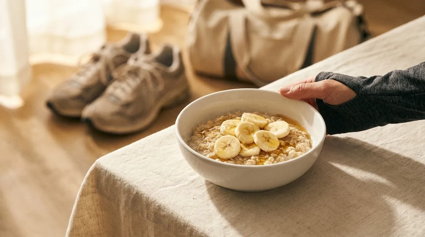 A bowl of oatmeal topped with banana and honey next to running shoes in warm golden morning light.