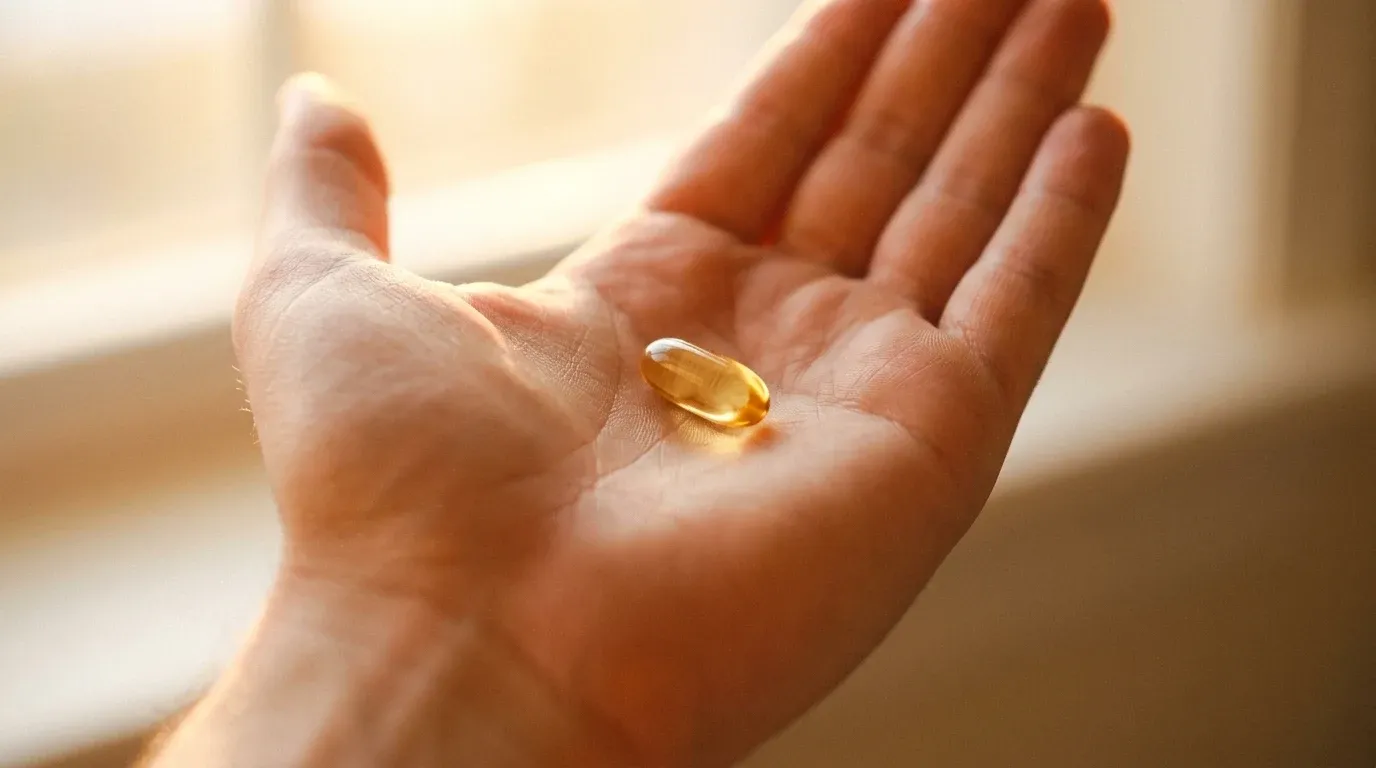 A translucent amber vitamin D3 capsule rests in an open palm, glowing in soft golden light.