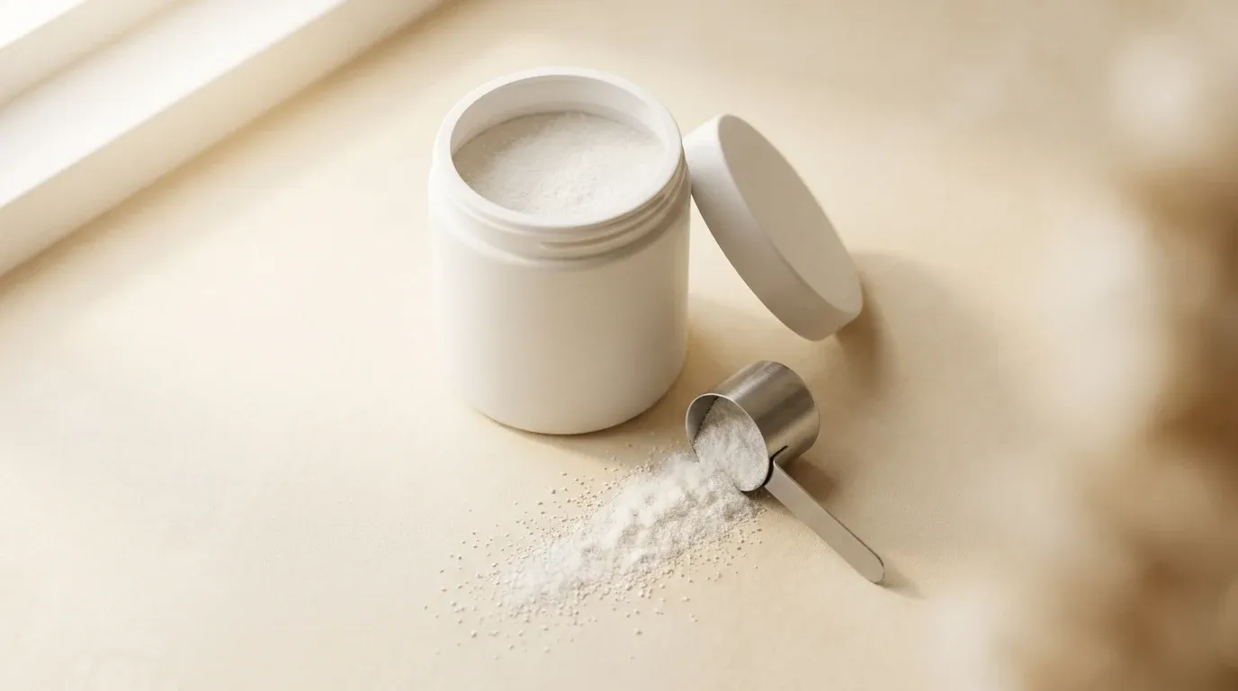 Open white supplement tub with metal scoop of fine crystalline powder spilling onto a warm cream surface in soft light.