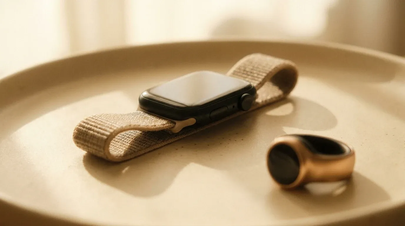 Sleek smartwatch and fitness ring resting on a warm cream surface in soft golden light.