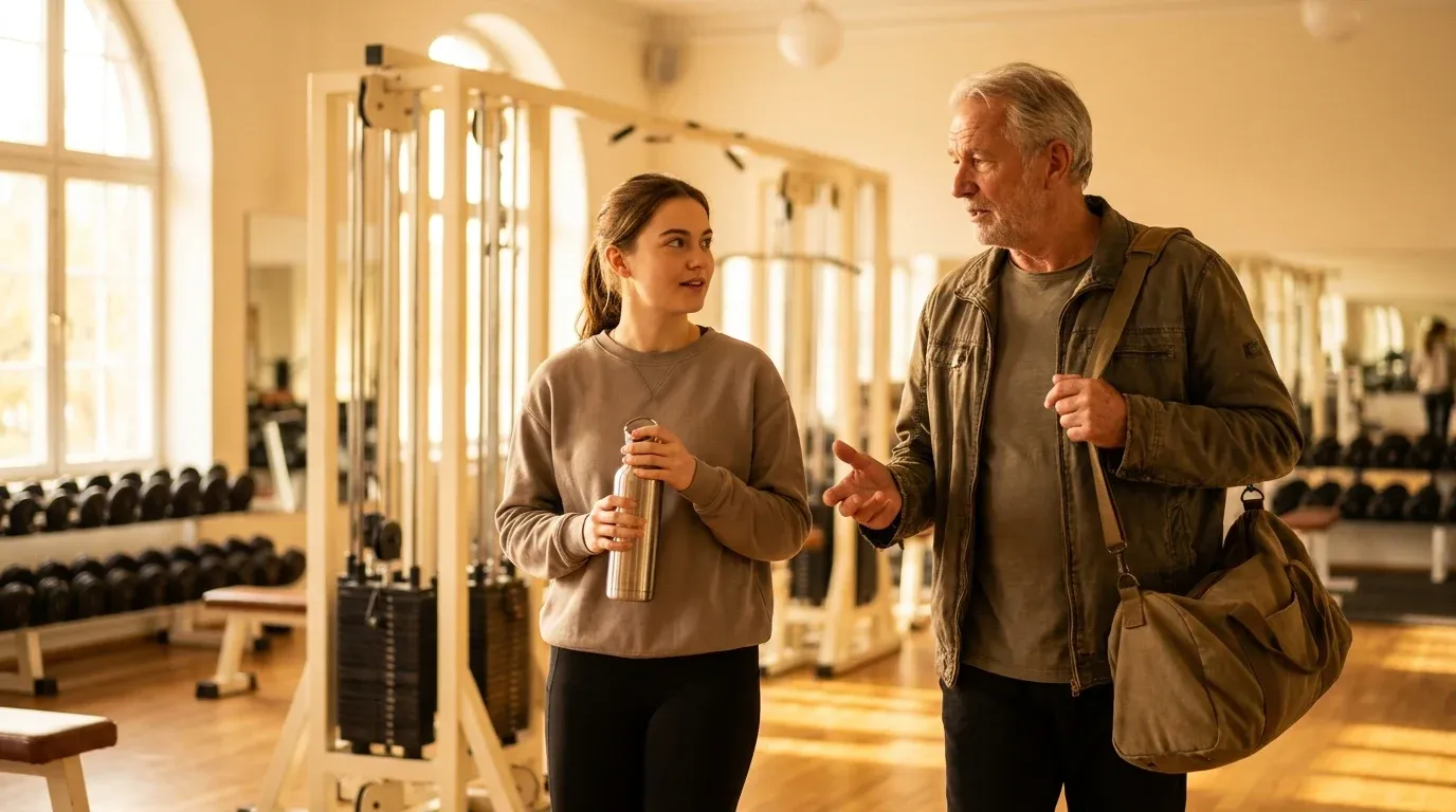 A young woman and senior man walk together through a warm-lit gym in natural golden light.