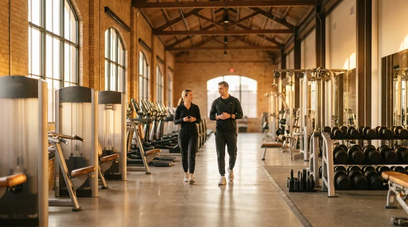 Two staff members walk through a spacious, newly opened premium gym floor with rows of equipment.