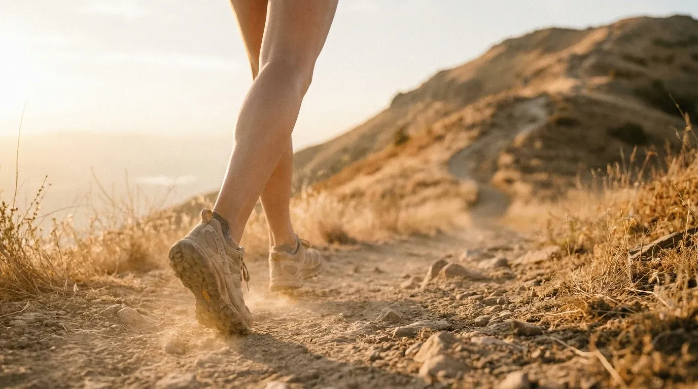 Runner's legs mid-stride on a steep sunny trail with dust lifting, warm golden light raking across dry terrain.