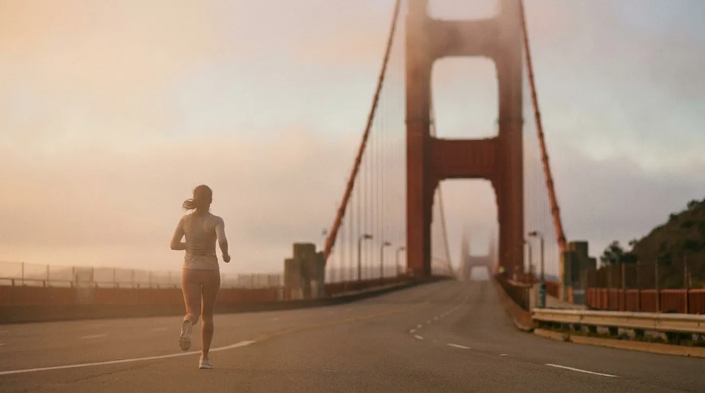 A runner mid-stride approaching the Golden Gate Bridge through San Francisco's early morning fog.