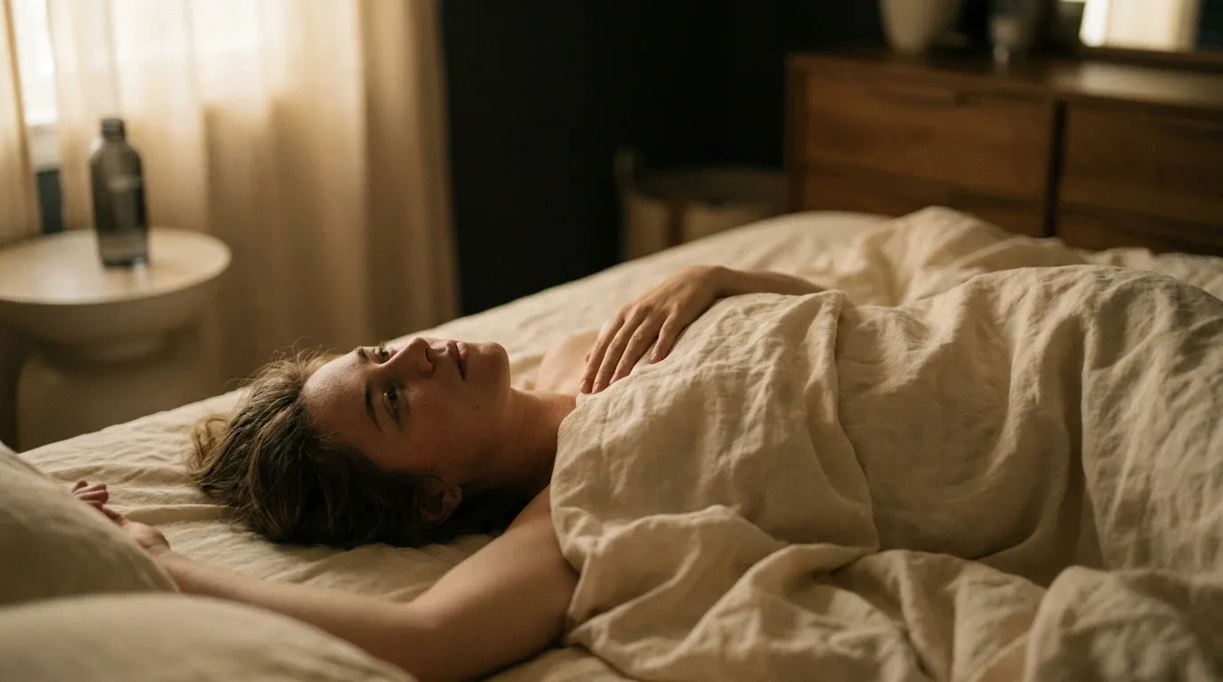 Person lying awake in rumpled bed sheets with eyes half-open, gazing at ceiling in soft pre-dawn bedroom light.
