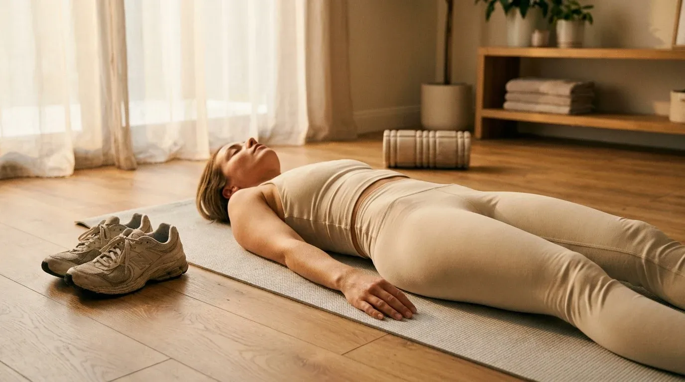A woman resting on a recovery mat in a sunlit home gym, fully relaxed with eyes closed.
