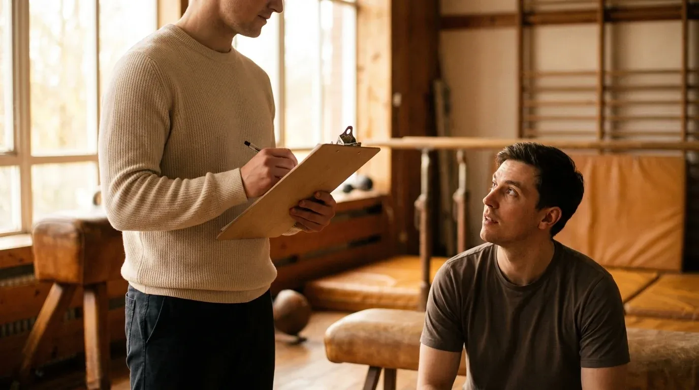 A personal trainer with clipboard evaluates a seated client in a sunlit gym.