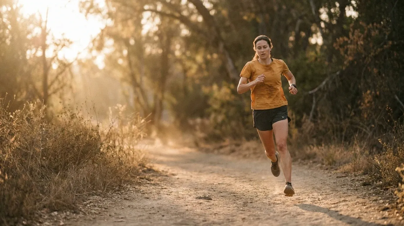 A runner mid-stride on a sunlit trail, captured in genuine cardiovascular effort with warm golden light.