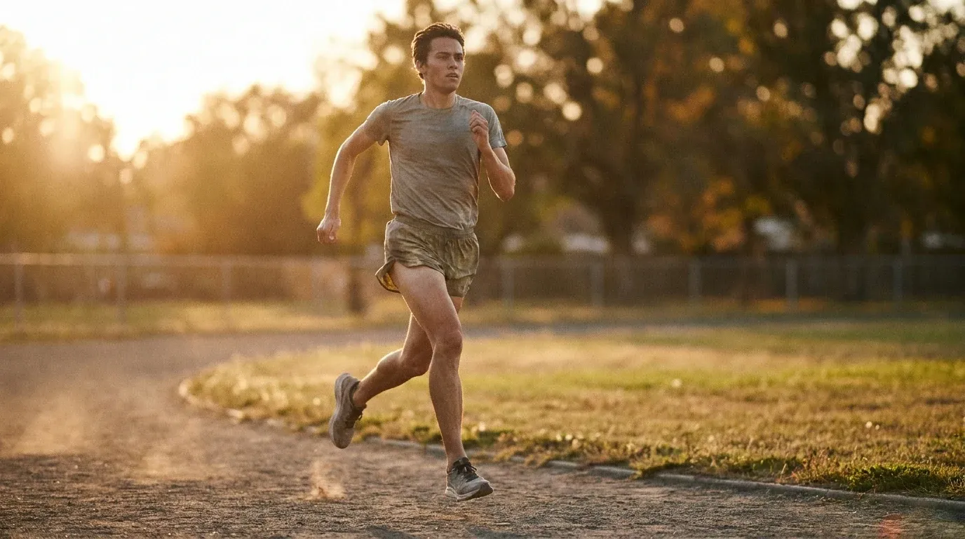 A runner mid-stride on a track, explosive high-knee drive captured in warm golden light.