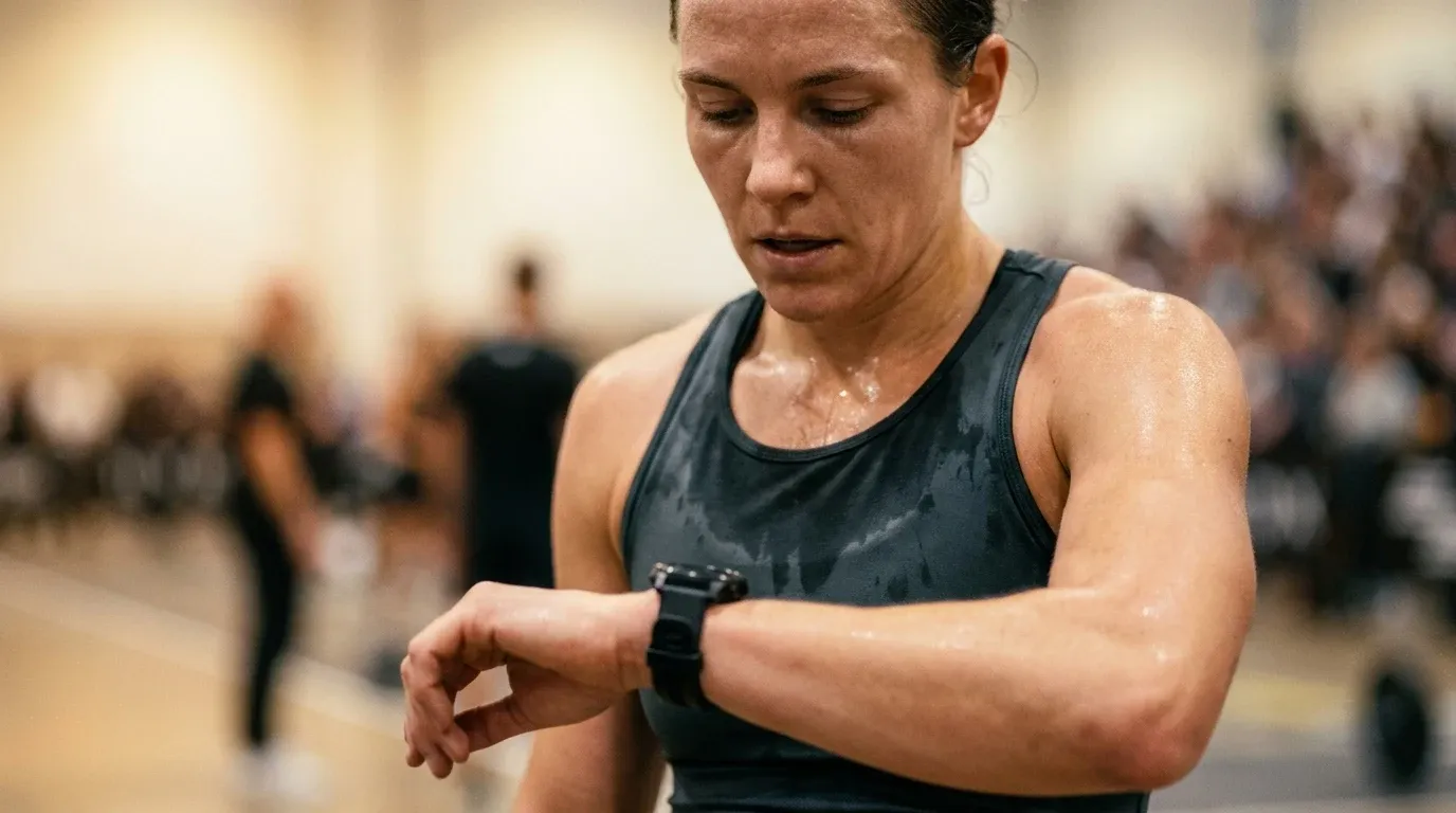 Exhausted HYROX athlete checking GPS watch immediately after crossing the finish line.
