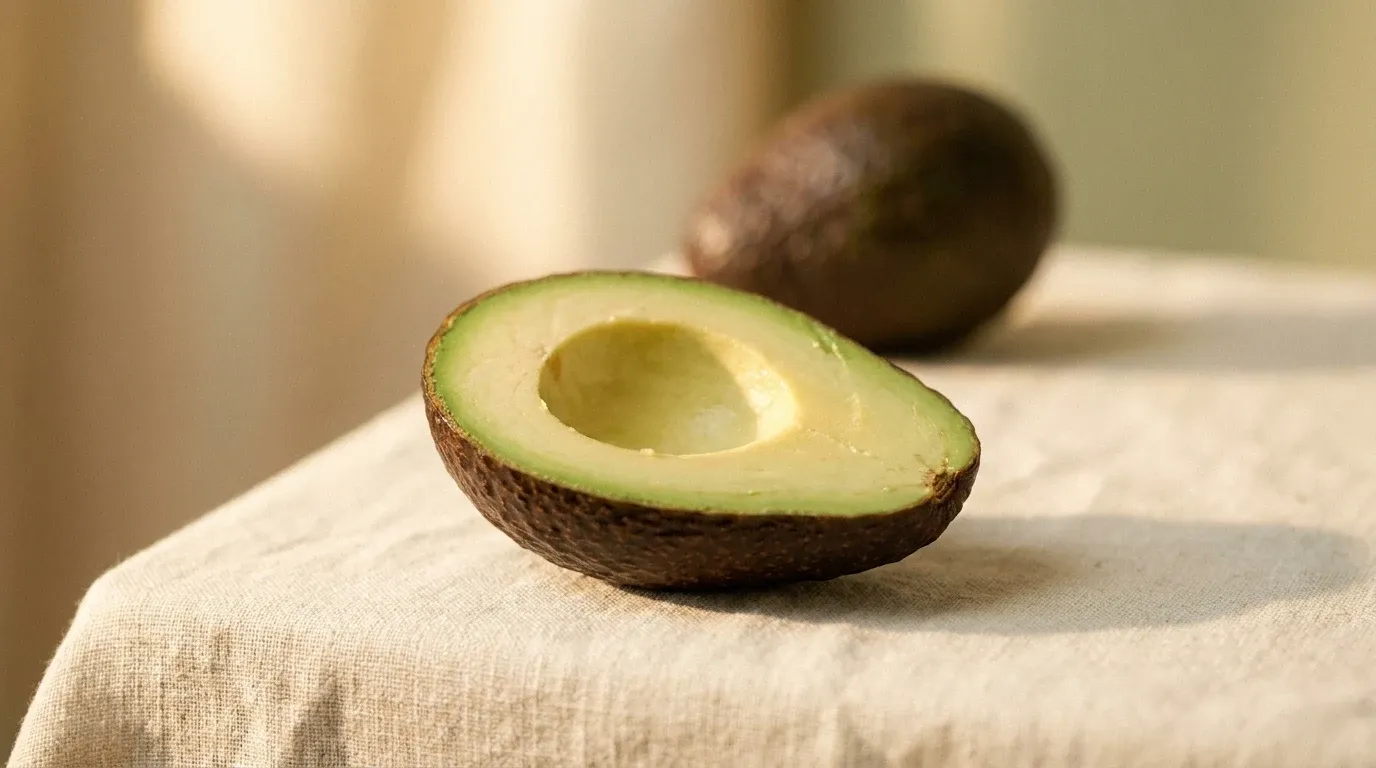 Halved avocado in sharp focus showing pale green flesh, with a whole avocado softly blurred behind on a cream linen surface.