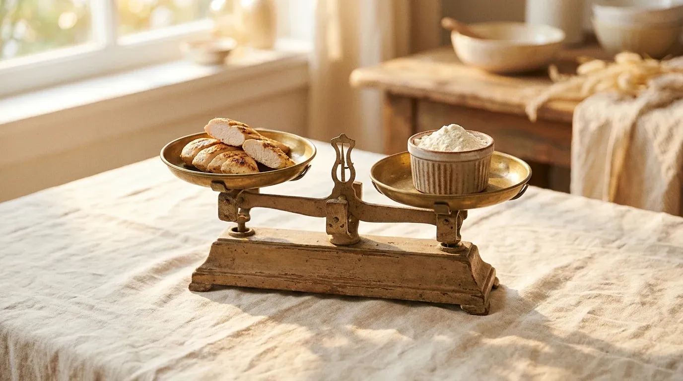 A wooden kitchen scale balancing grilled chicken breast on one side and protein powder on the other.