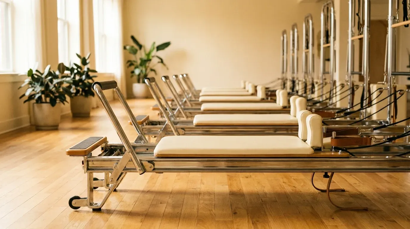 Row of reformer Pilates machines in a bright boutique studio filled with natural golden light.