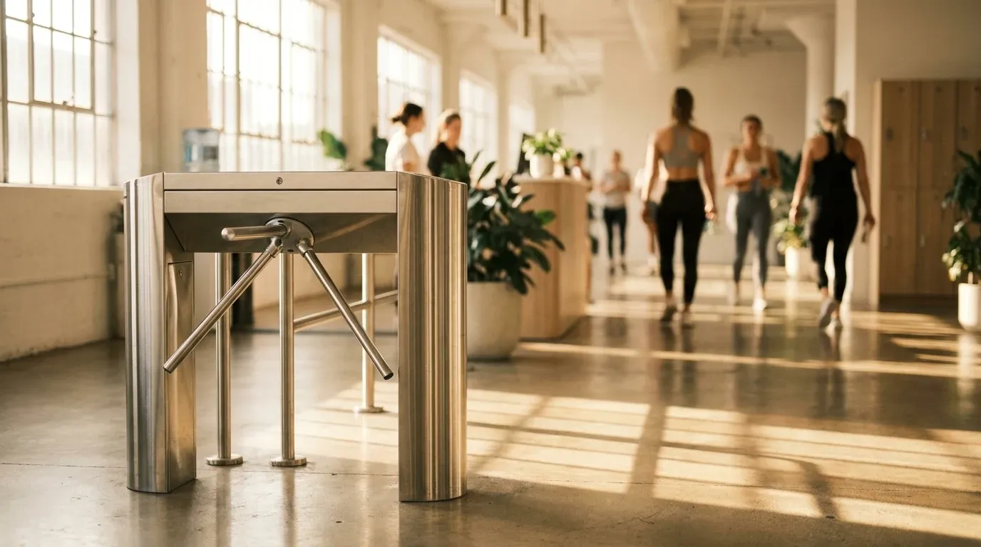 Sleek gym entrance turnstile with a soft stream of members flowing through in warm morning light.