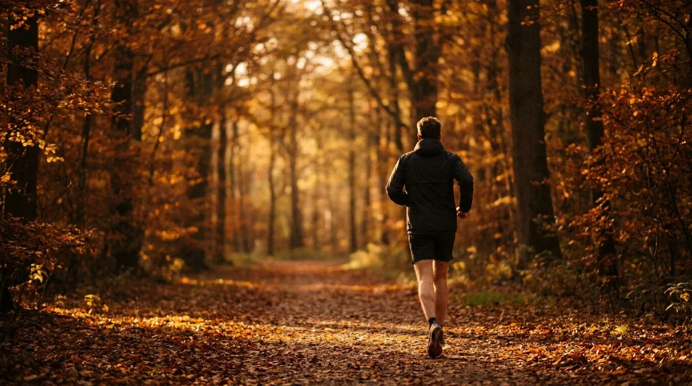 A runner viewed from behind sprints on a forest trail scattered with golden autumn leaves.