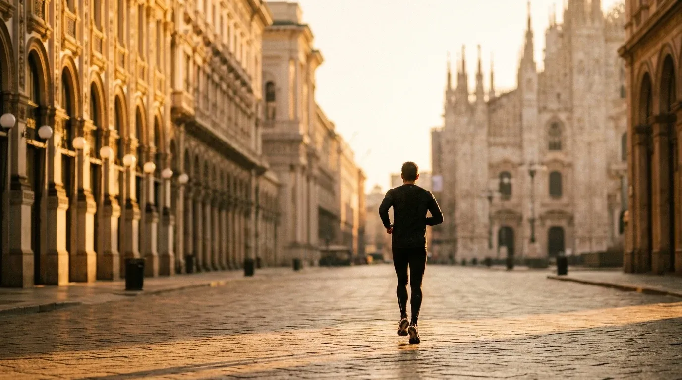 Solitary runner mid-stride on a sunlit Milanese cobblestone street with ornate arcades and cathedral spires in warm golden light.