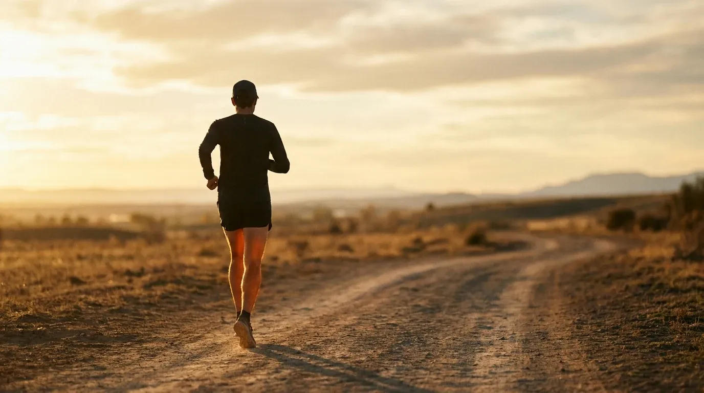 A lone runner in motion on an open trail, bathed in golden late-afternoon light and warm tones.