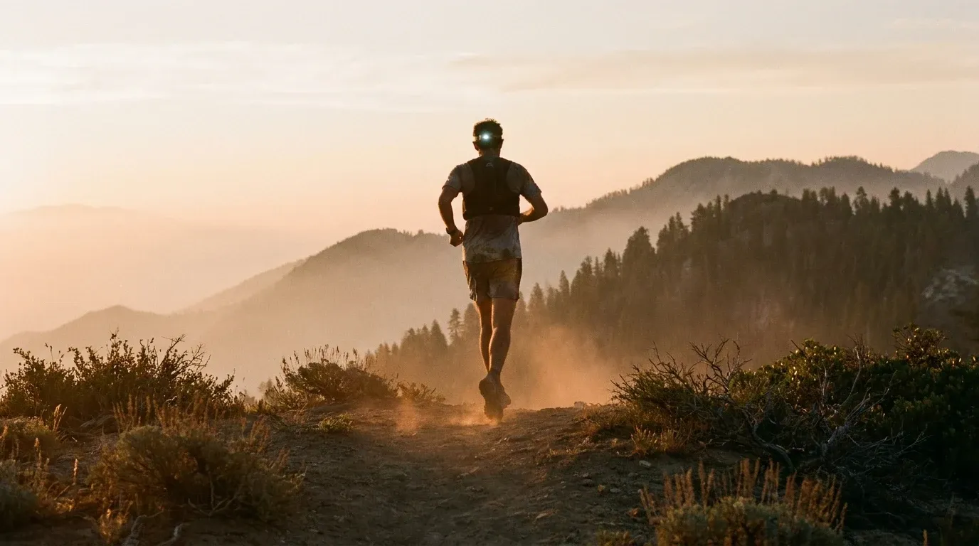 Trail runner cresting a mountain ridgeline at dawn with golden light and misty pine-covered peaks.