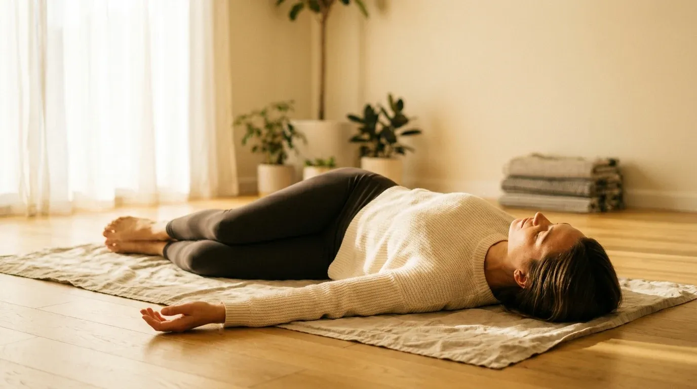 Person lying in a passive spinal twist on a yoga mat with eyes closed, bathed in soft golden morning light.