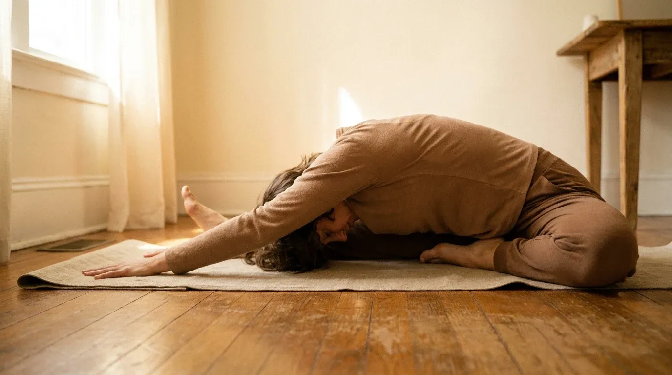 A person stretches deeply on a yoga mat, bathed in soft golden morning light.