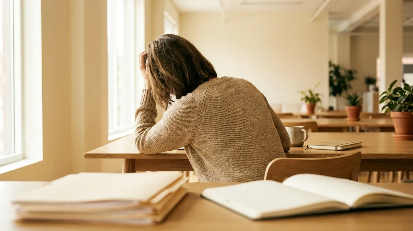 Exhausted person seated at a minimalist desk with head in hand, bathed in soft natural light from a window.