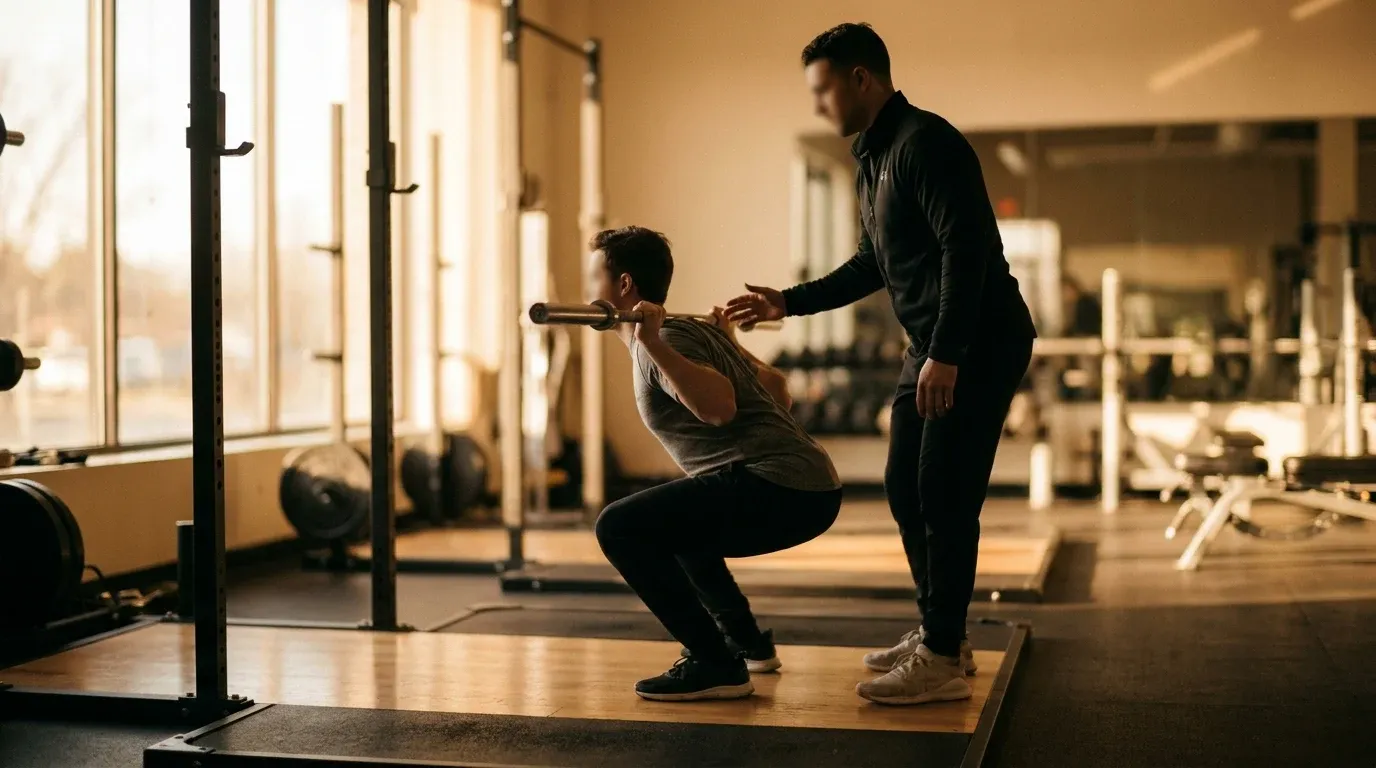 A personal trainer guides a client performing a barbell squat with hands-on form correction in a bright gym.