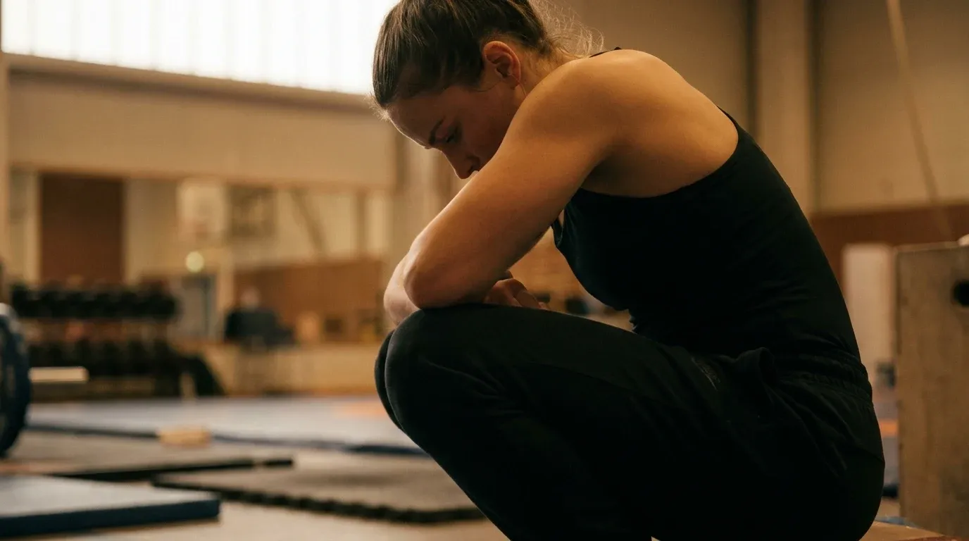 Female athlete crouched alone in quiet reflection, head bowed in a moment of private contemplation.