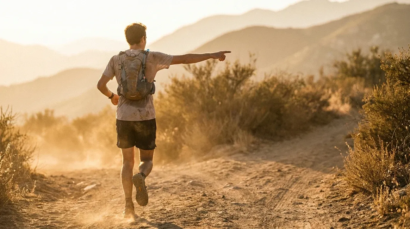 Trail runner at a fork in the path gestures toward diverging route, golden dust rising from sun-baked trail.