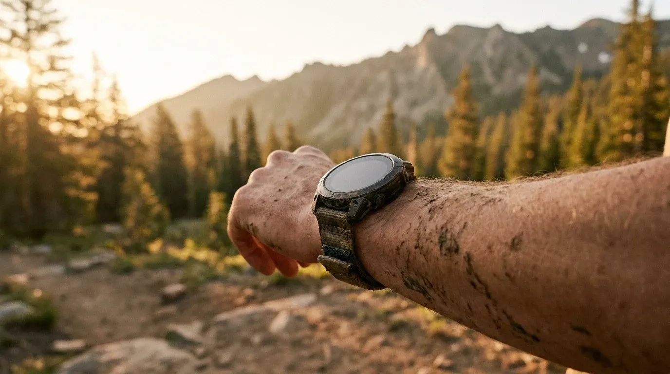 Trail runner mid-stride at golden hour wearing GPS watch, rugged mountain path with forest backdrop.