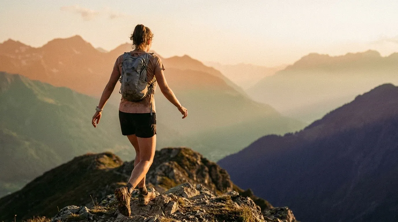 Female trail runner cresting an Alpine ridgeline at golden hour, arms extended, vast mountain peaks stretching into warm haze behind her.