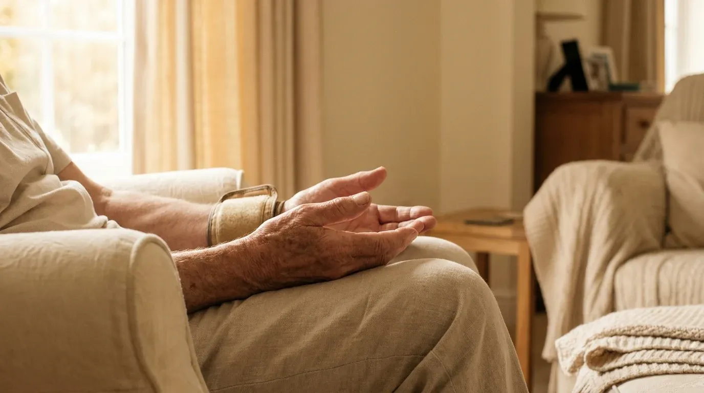 Relaxed hands of an older adult with blood pressure cuff near a sunlit window.