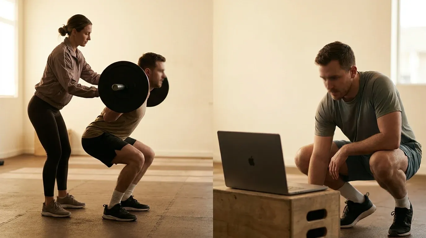 Split-screen showing a trainer spotting a client in a gym on the left and a coach guiding via video call on the right.
